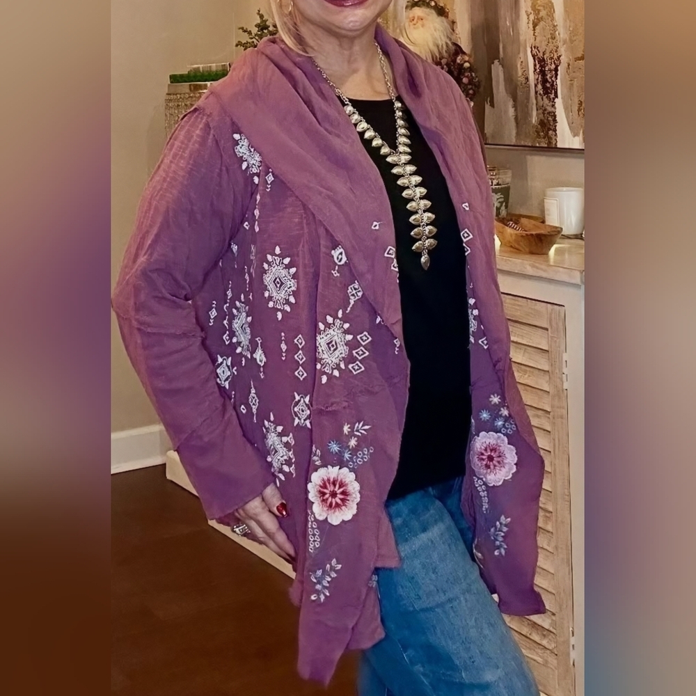 Caite & Kyla Chic Floral Handmade Embroidered Cardigan W/ Hood- In Purple